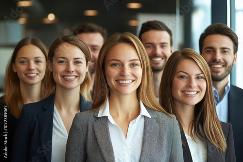 A diverse group of smiling professionals in business attire standing together.