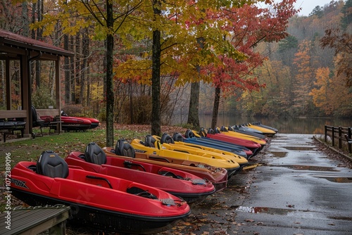 Colorful Boats Parked on a Rainy Day at a Lake photo