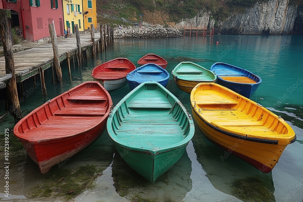 Colorful Wooden Boats Docked at a Coastal Inlet Colorful Wooden Boats Docked at a Coastal Inlet