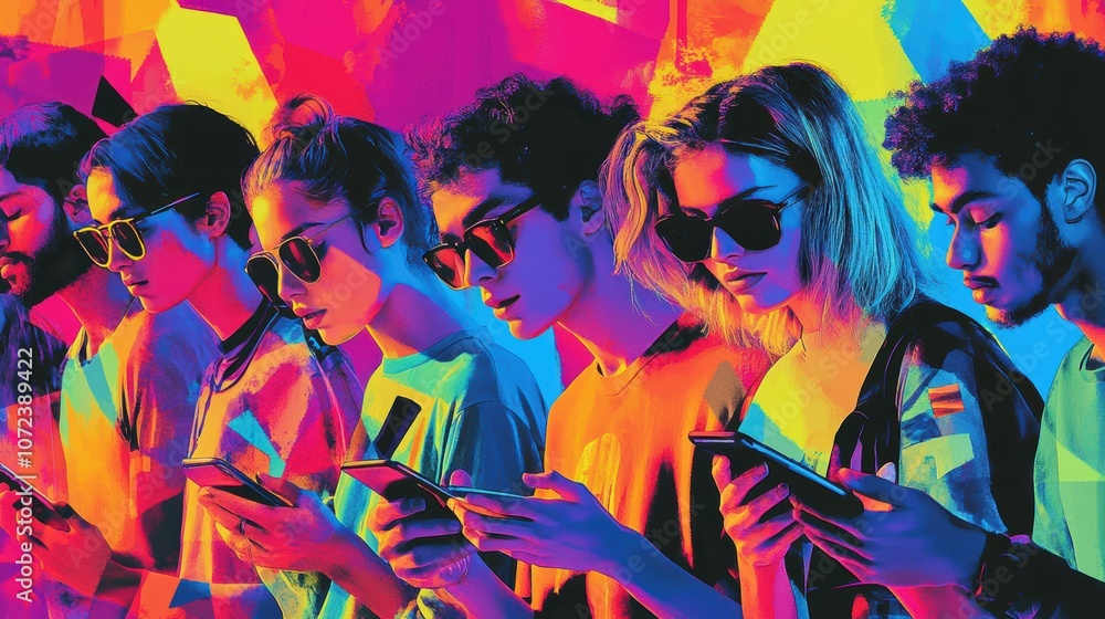 A diverse group of young individuals engaged with their smartphones in vibrant colors. A diverse group of young individuals engaged with their smartphones in vibrant colors.