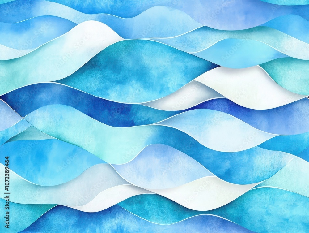 A serene watercolor pattern featuring flowing waves in various shades of blue and white, creating a calming and tranquil effect.