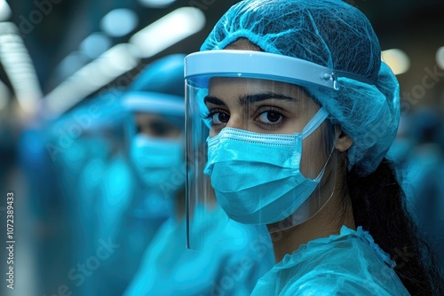 Close-up portrait of a female healthcare worker wearing a face shield and mask