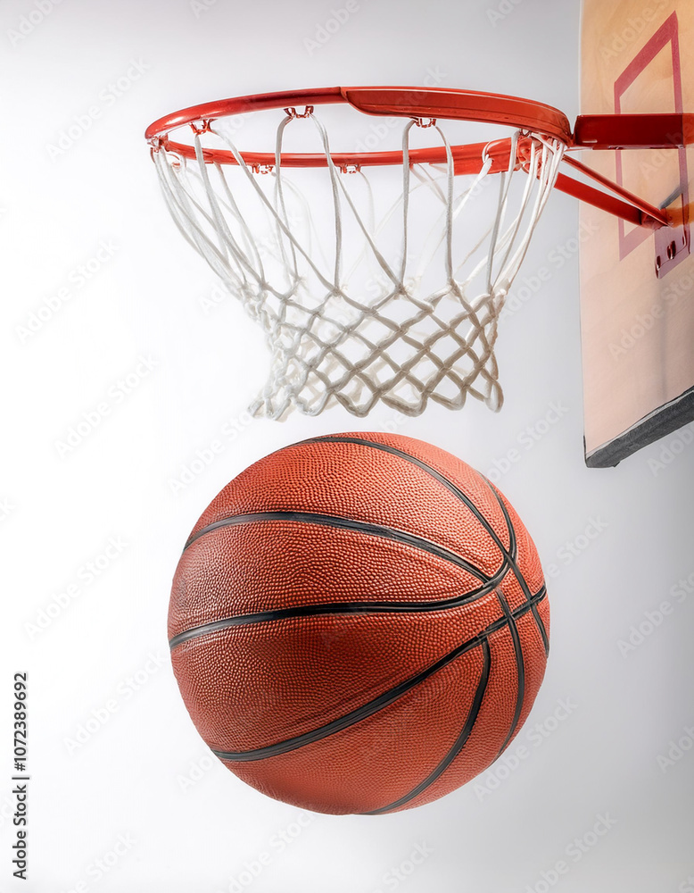 Basketball and Basketball Hoop floating or flying, isolated on a Clean White Basketball and Basketball Hoop floating or flying, isolated on a Clean White
