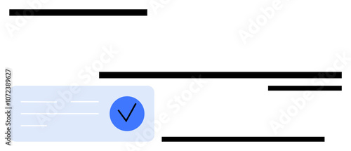 Checkmark inside blue circle along with horizontal lines resembling text and separator elements. Ideal for validation, approval systems, authentication, task completion, process status, data entry