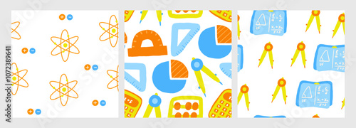 Cute science theme seamless pattern. Funny hand drawn doodle repeatable pattern with calculator, abacus, compass, ruler, angle ruler, diagram, atom, student book. Algebra, geometry, physics background