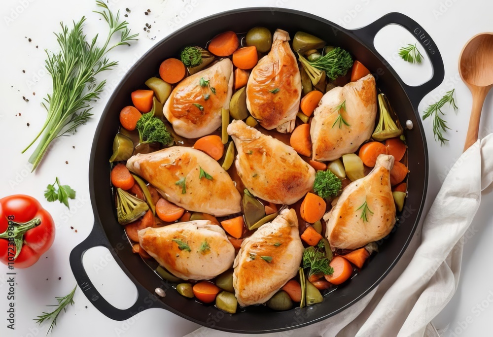 A close-up of a pan with chicken and vegetables simmering in a delicious sauce A close-up of a pan with chicken and vegetables simmering in a delicious sauce
