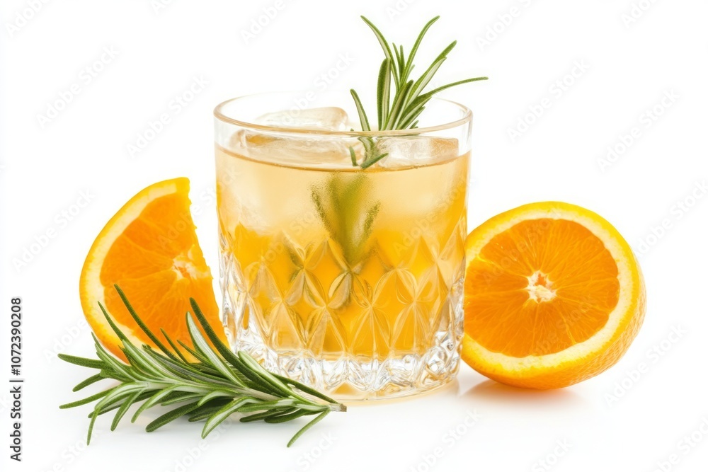 Orange and Rosemary Cocktail with Ice in Glass