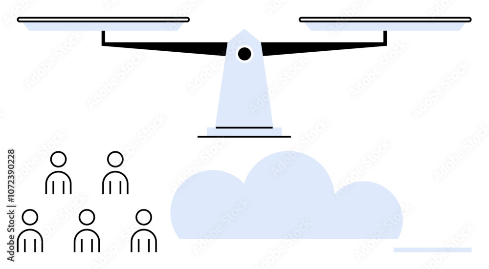 Balance scale atop cloud and group of people emphasizing equality decision-making, justice, fairness, societal balance, and choices. Ideal for law, business, management, community, education Balance scale atop cloud and group of people emphasizing equality decision-making, justice, fairness, societal balance, and choices. Ideal for law, business, management, community, education