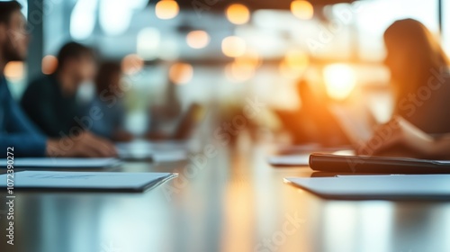 Business meeting with diverse professionals in a modern conference room at sunset.