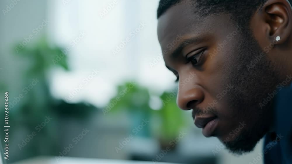 Focused black male employee working on laptop in office Focused black male employee working on laptop in office
