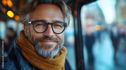 Stylish male commuter enjoying the ride on a city bus in winter attire