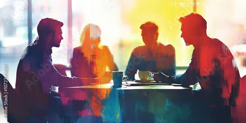 Silhouette of four diverse individuals engaged in discussion at a table.