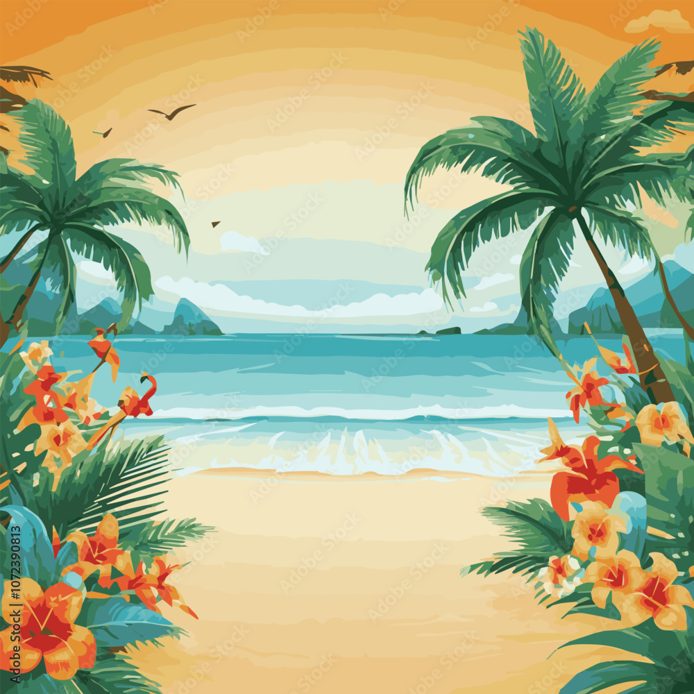 Dark palm trees silhouettes on colorful tropical ocean sunset background, summer sunset background at the beach. Palm tree vector island coconut cartoon icon. Palm tree island desert isolated. Dark palm trees silhouettes on colorful tropical ocean sunset background, summer sunset background at the beach. Palm tree vector island coconut cartoon icon. Palm tree island desert isolated.