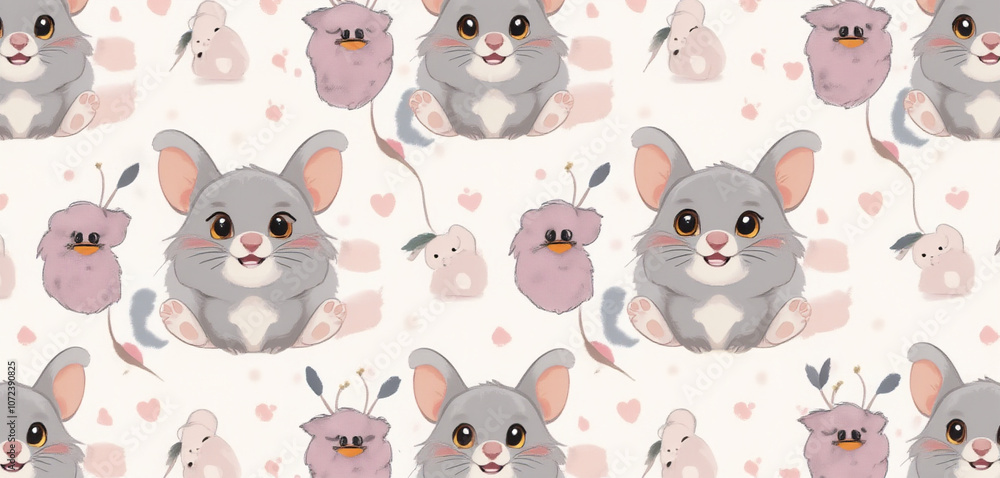 Seamless Pattern of Cartoon Mice with Floral Accents on a Light Background Seamless Pattern of Cartoon Mice with Floral Accents on a Light Background
