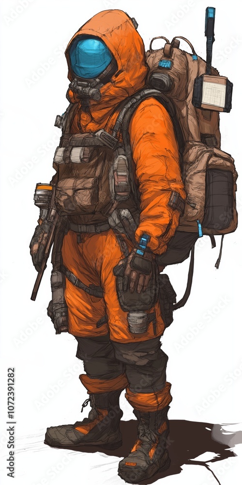 A man in an orange jumpsuit with a backpack and a blue helmet. He is wearing a gas mask and has a gun in his hand A man in an orange jumpsuit with a backpack and a blue helmet. He is wearing a gas mask and has a gun in his hand