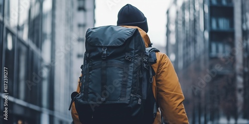 A man wearing a black backpack and a yellow jacket walks down a city street. The scene is urban and bustling, with tall buildings in the background