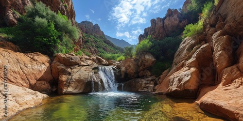 Fototapeta Naklejka Na Ścianę i Meble -  A beautiful waterfall is surrounded by rocks and trees. The water is clear and the sky is blue