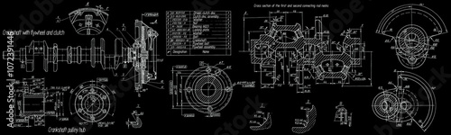Crankshaft with flywheel and clutch of cargo vehicle. 
Engineering mechanical drawing of automotive device. Industrial 
cad scheme on paper sheet. Technology design 
of machine building industry.
