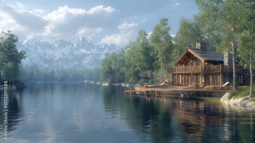 Fototapeta premium Scenic lakeside cabins surrounded by mountains and trees.