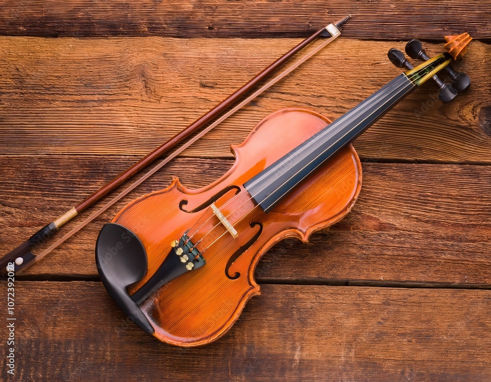 Violin and bow on a table with a classical and antique feel Violin and bow on a table with a classical and antique feel