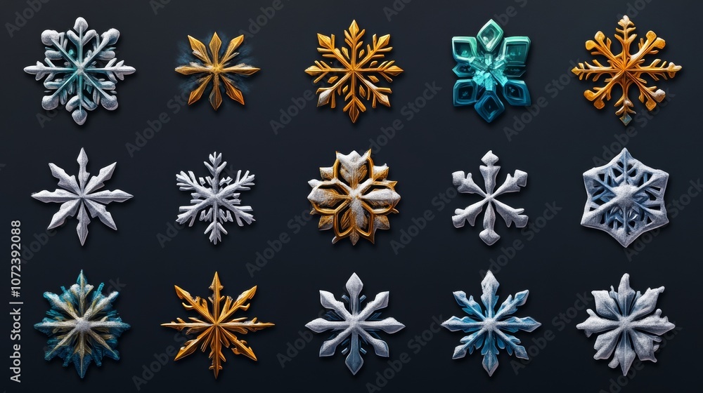 Snowflake icons symbolizing winter, available in different snow-themed variations. Snowflake icons symbolizing winter, available in different snow-themed variations.