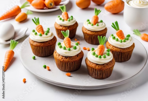 A close-up of carrot cake cupcakes with cream cheese frosting and marzipan carrot decorations