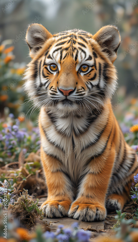 Obraz premium Majestic Bengal Tiger Cub Sitting in a Vibrant Forest Setting