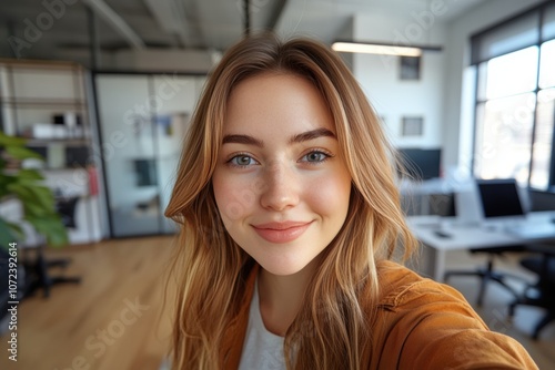 Free Download Smiling young woman with blonde hair in a modern office setting. - GFXLoad