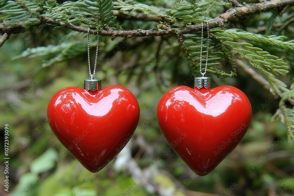 Romantic red heart ornaments hanging on green fir branch Romantic red heart ornaments hanging on green fir branch