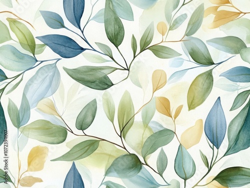 A serene pattern of watercolor leaves in soft greens and yellows, creating a delicate and refreshing botanical design.