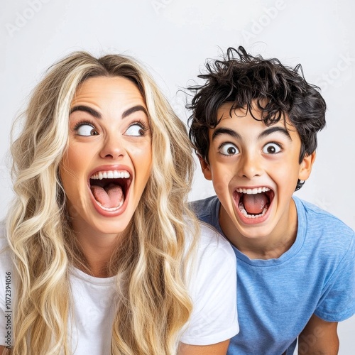 A mother and son are looking at the camera, both with their mouths open and their eyes wide. They are both smiling and seem to be enjoying themselves.