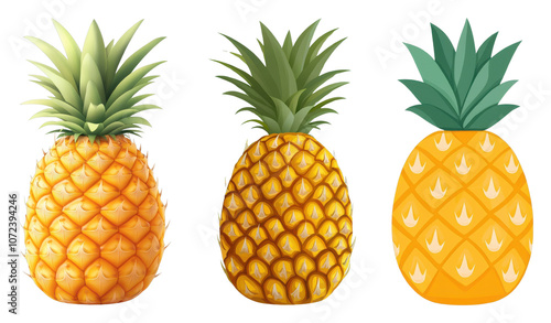 Three Vibrant Pineapples with Varying Designs Showcasing Tropical Appeal and Freshness Ideal for Summer Themes, Culinary Arts, or Healthy Lifestyle Promotions