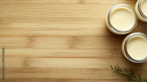 Two Glass Jars of Creamy Substance on a Wooden Surface with a Sprig of Rosemary