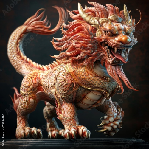 Wallpaper Mural A fierce and detailed 3D model of a mythical Chinese lion with an ornate design and glowing eyes. Torontodigital.ca