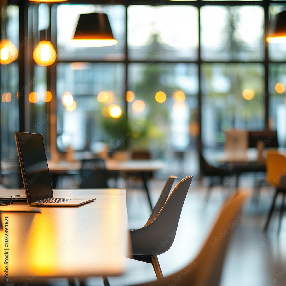 Modern workspace with laptop on a table, warm lighting, and a cozy atmosphere. Modern workspace with laptop on a table, warm lighting, and a cozy atmosphere.