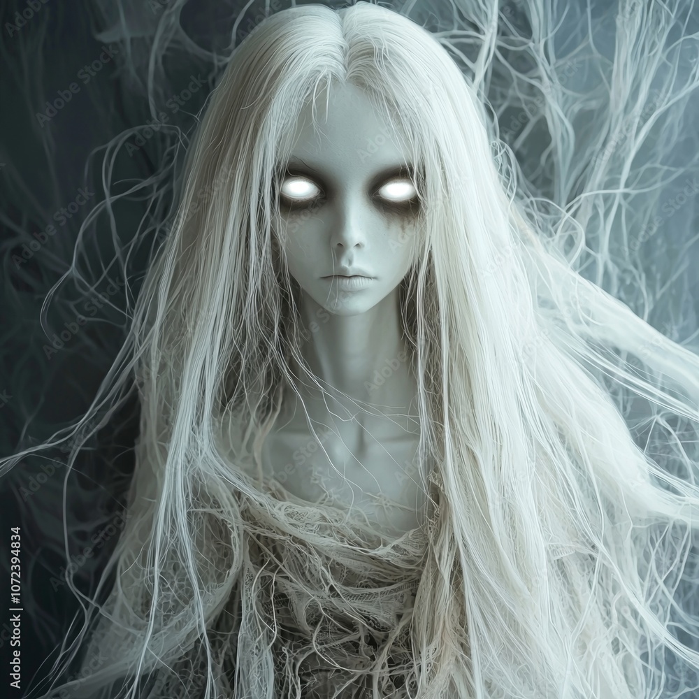 A pale, ethereal woman with glowing eyes and long white hair. A pale, ethereal woman with glowing eyes and long white hair.