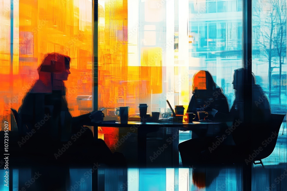 Silhouetted figures in a cafe, bathed in vibrant orange and blue light. Silhouetted figures in a cafe, bathed in vibrant orange and blue light.