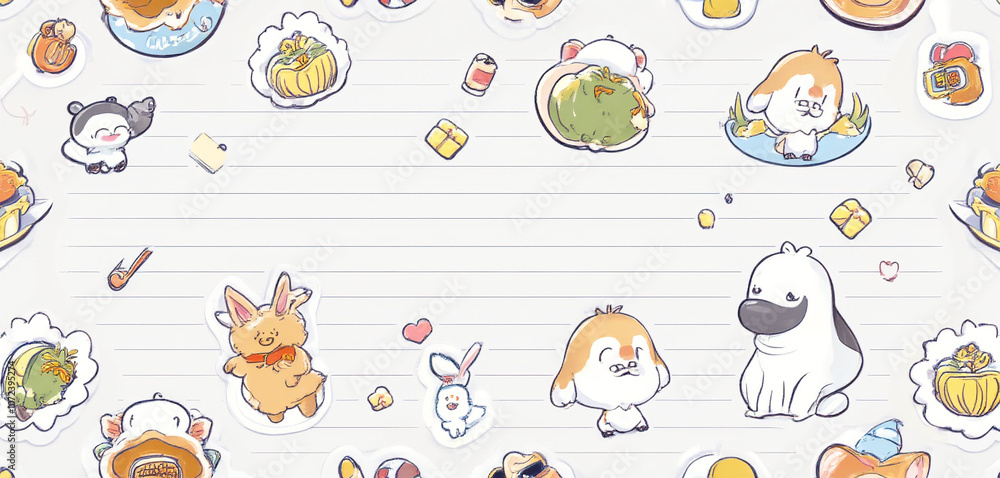 Fototapeta premium Animal-themed seamless pattern with playful illustrations on a white background