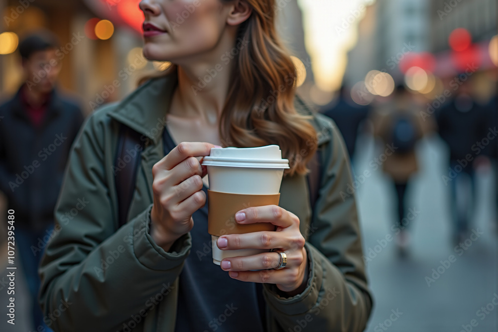 Person with a collapsible coffee cup in Busy City Setting Person with a collapsible coffee cup in Busy City Setting
