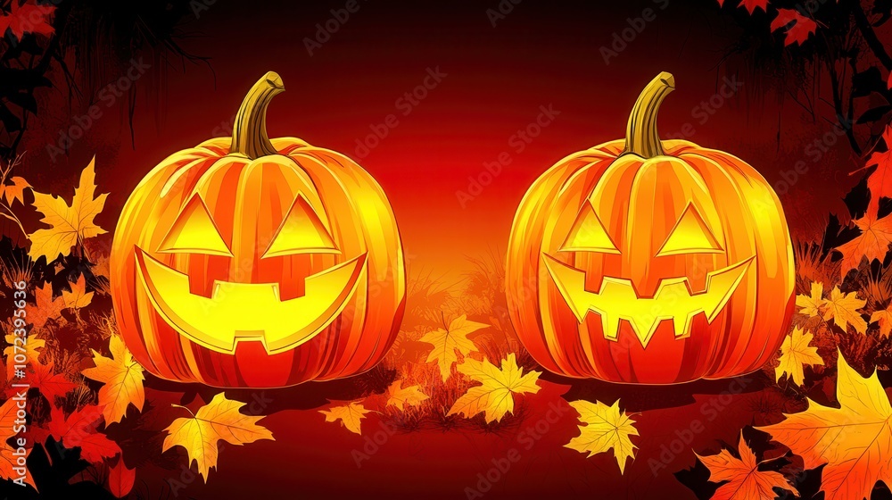 Naklejka premium Glowing jack-o'-lanterns in autumn ambiance