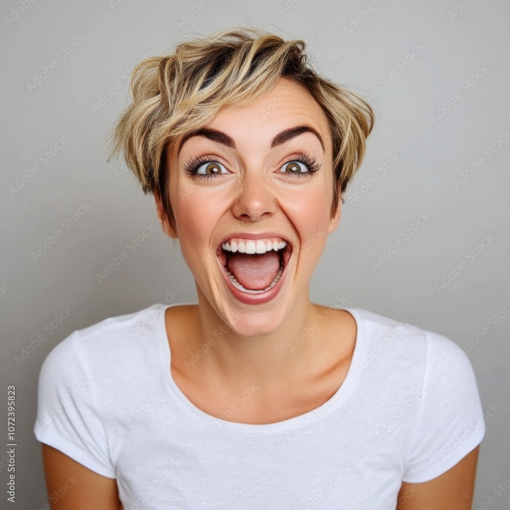A young woman with short blonde hair laughs excitedly with her mouth wide open. A young woman with short blonde hair laughs excitedly with her mouth wide open.