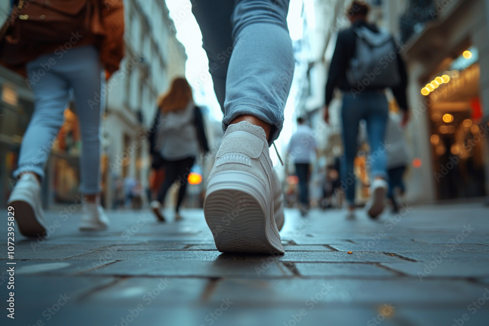 Fototapeta premium People walking in a busy city street wearing casual footwear
