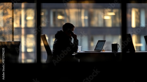 Silhouetted male professional focused on work, standing out against bright office lights.