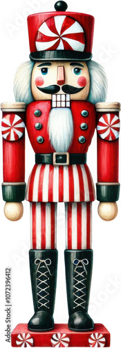 A colorful nutcracker figurine featuring red and white stripes, a large mustache, and a festive hat adorned with a peppermint design. 