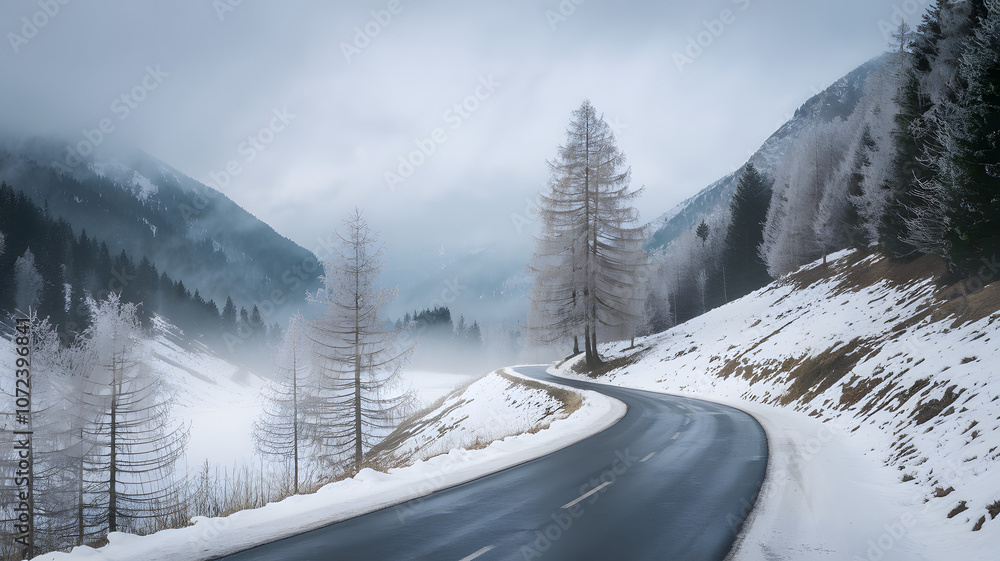Fototapeta premium A winding road through a snowy landscape surrounded by misty mountains on a chilly winter day