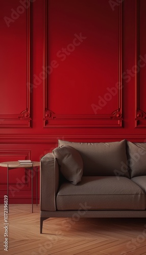 Modern minimalist interior with bold crimson walls, elegant sofa, and stylish lighting setup