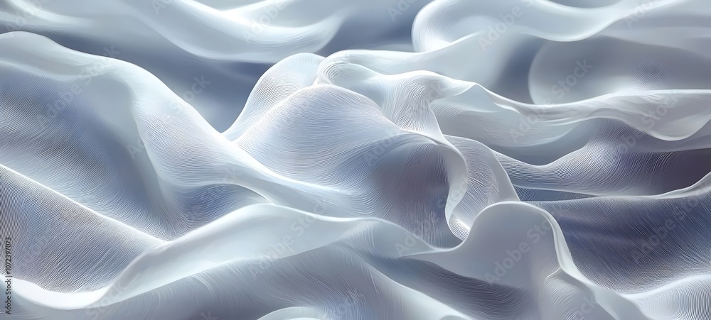 Obraz premium A close-up view of flowing, translucent fabric showcasing gentle curves and soft textures in a serene color palette of blues and whites, evoking a sense of tranquility.