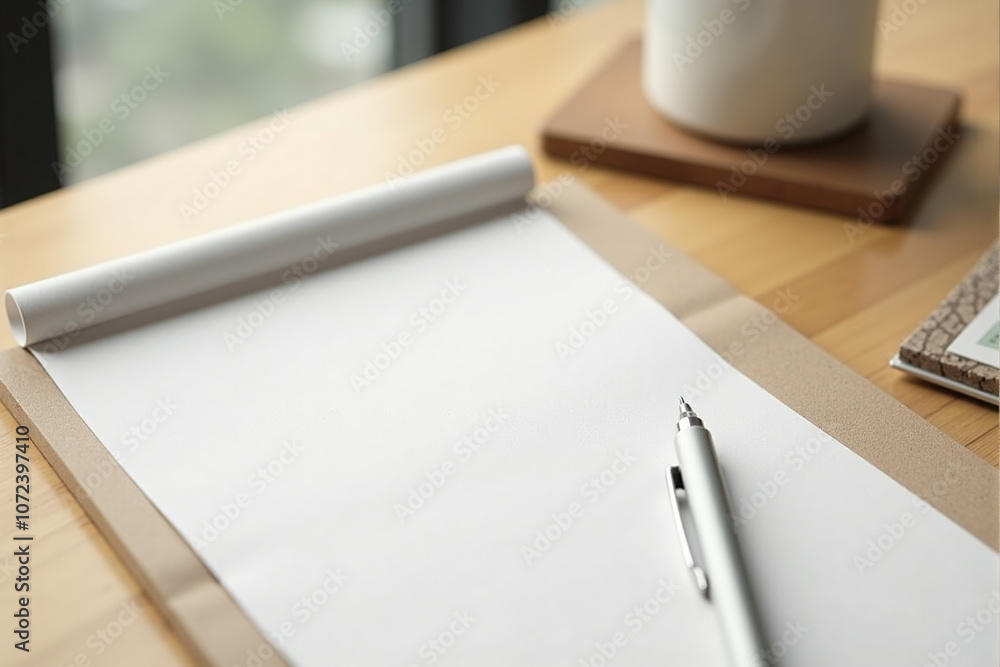 Minimalist Workspace with Recycled Paper and Pen Minimalist Workspace with Recycled Paper and Pen