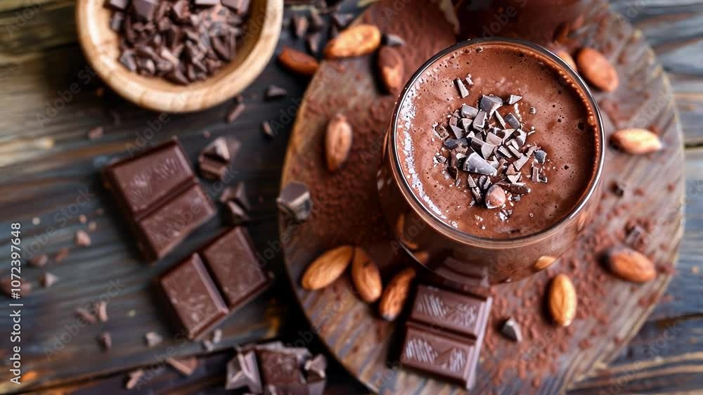 Creamy chocolate smoothie topped with chocolate shavings and surrounded by chocolate bars, cocoa powder, and almonds, served on a rustic wooden board Creamy chocolate smoothie topped with chocolate shavings and surrounded by chocolate bars, cocoa powder, and almonds, served on a rustic wooden board
