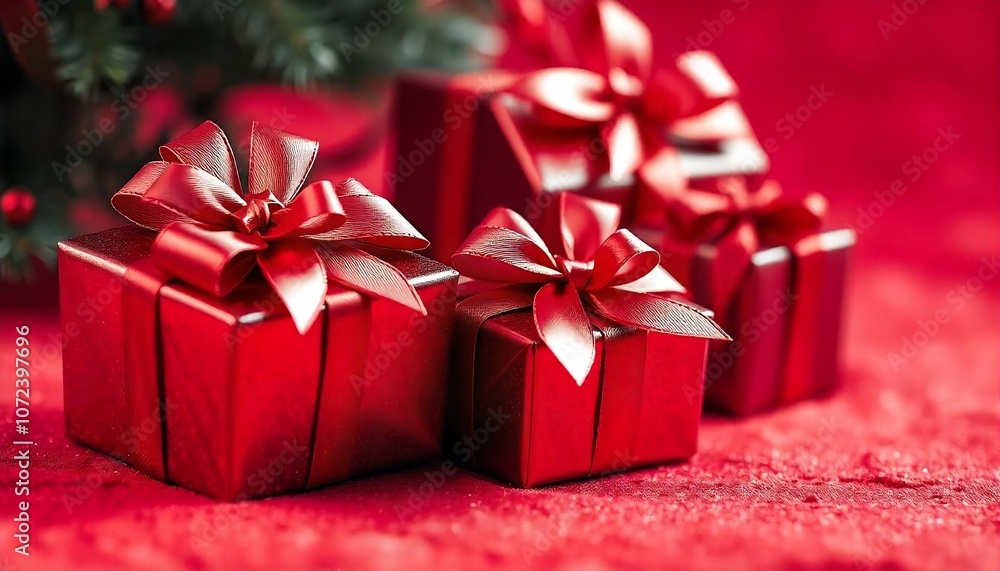 A red gift boxes and ribbons against a red background , Christmas concept, created with generative ai A red gift boxes and ribbons against a red background , Christmas concept, created with generative ai